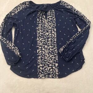 Lucky Brand Navy White Floral Top Medium Boho Peasant Fairy Coquette Artsy Indie